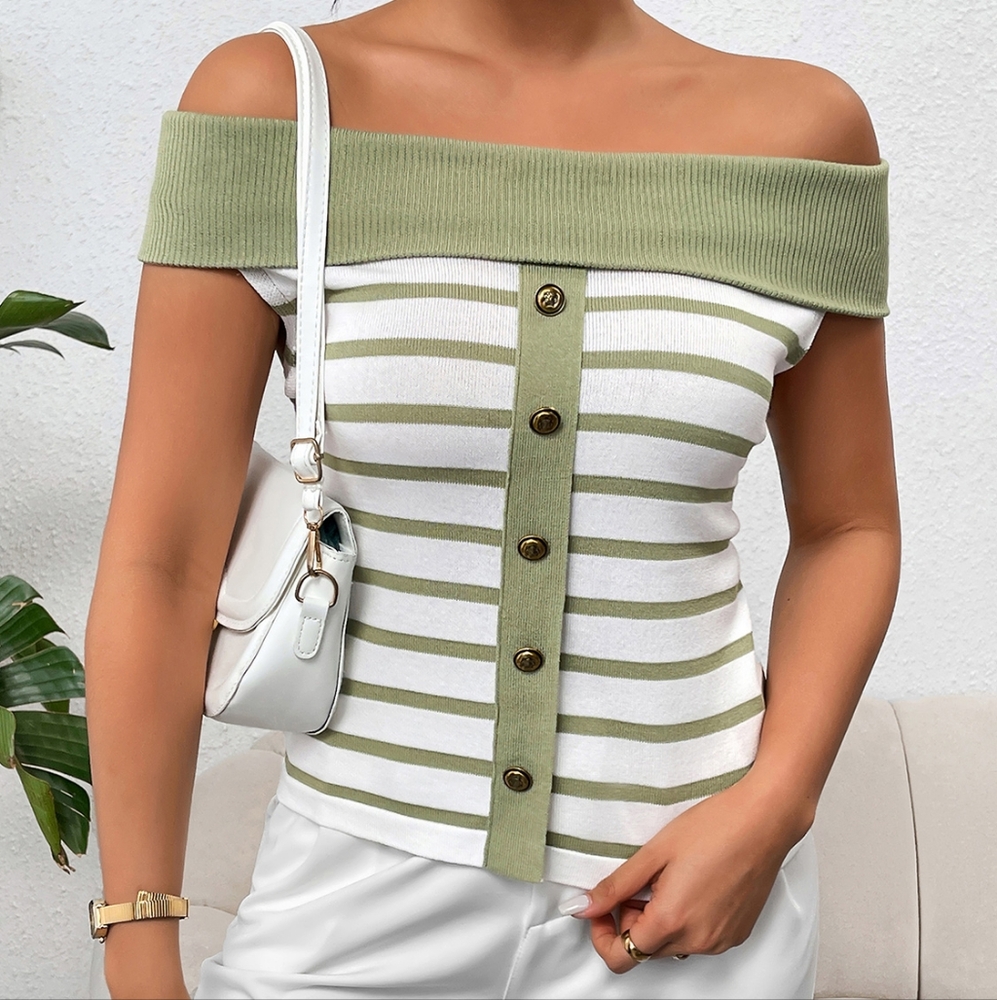 Harmony In Nature Off-Shoulder Striped Top - Green and White